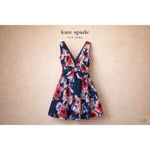 Kate Spade Hazy Floral Bow Back Dress Size 4 Fit Flare Navy Floral Open Back Coc